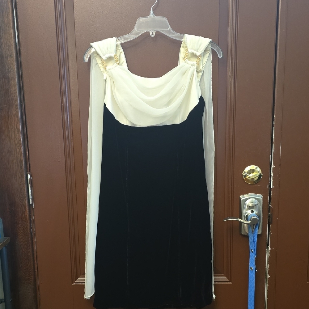 Vintage Late Edition LTD Elegant Black Velvet and Cream Dress With Gold Rhinestn